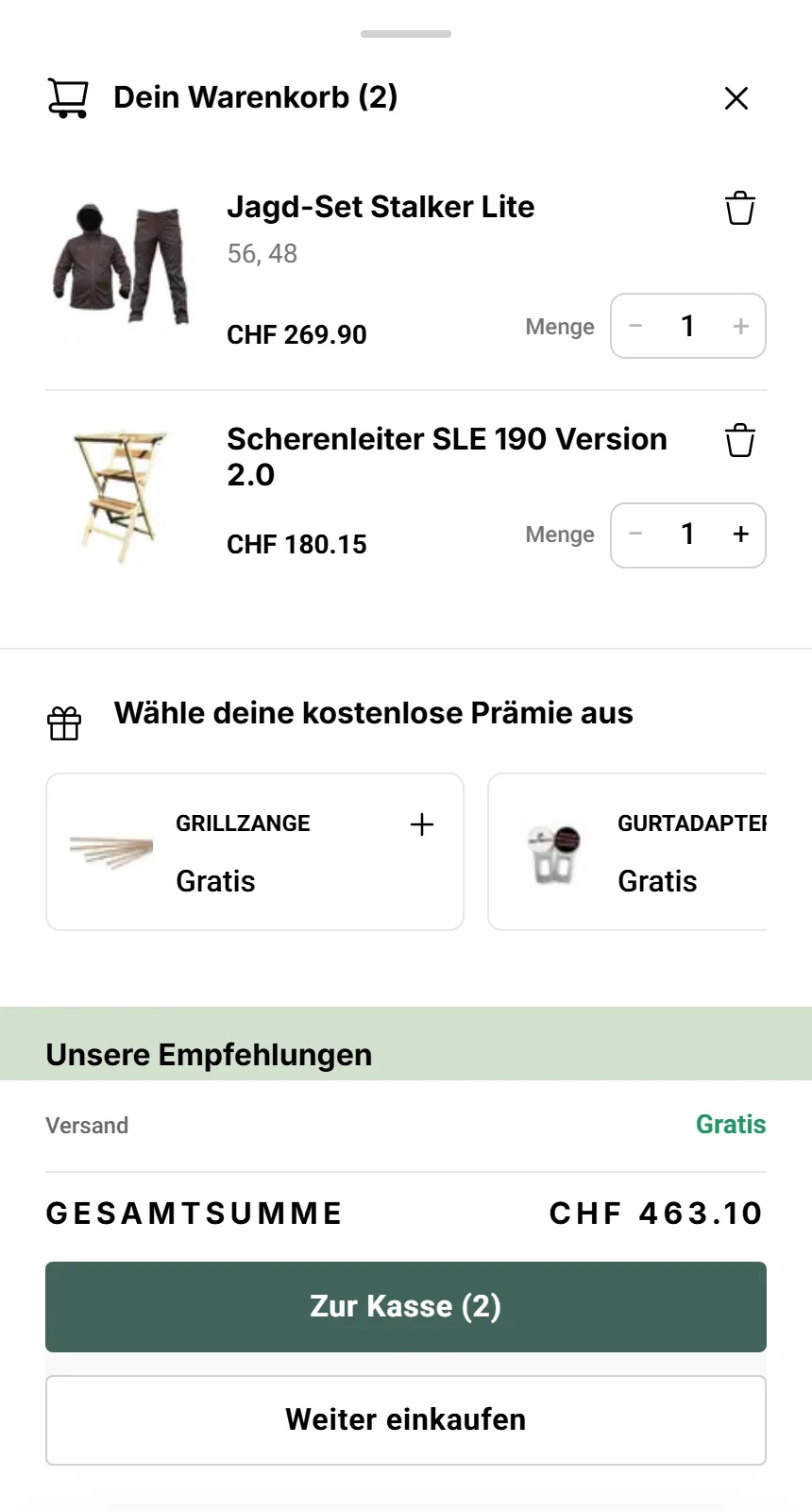 Mobile Shopping cart sheet